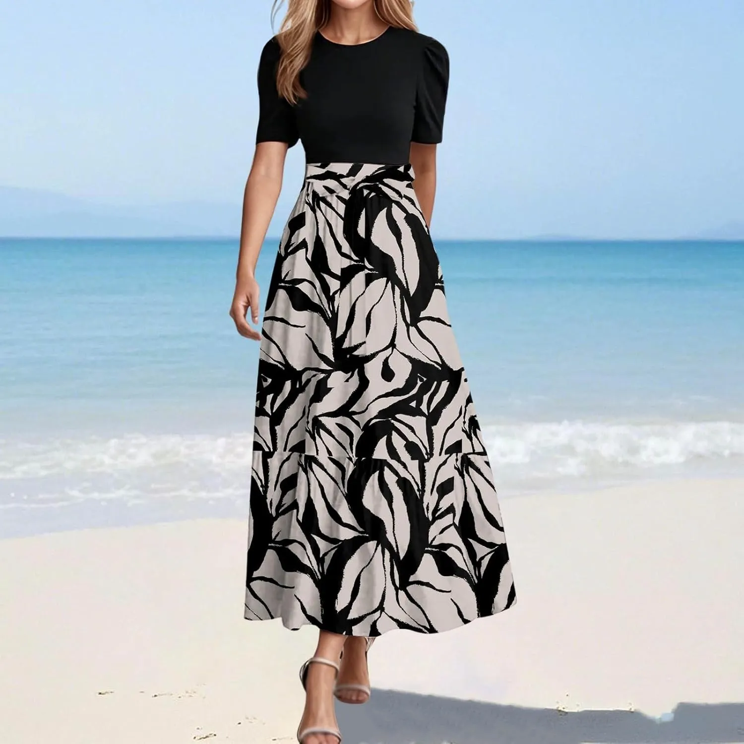 Summer Dresses for Women Tie Belted Patchwork Ruffle Hem a Line Boho Maxi Dress Crewneck Short Sleeve Flowy Long Dress