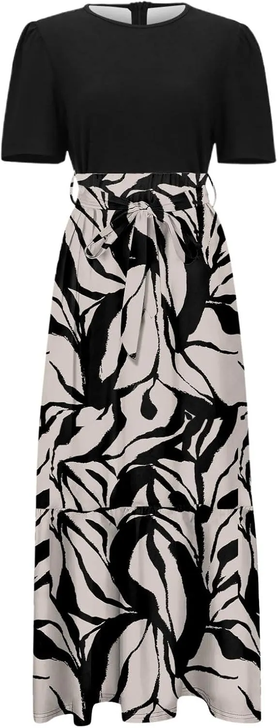 Summer Dresses for Women Tie Belted Patchwork Ruffle Hem a Line Boho Maxi Dress Crewneck Short Sleeve Flowy Long Dress