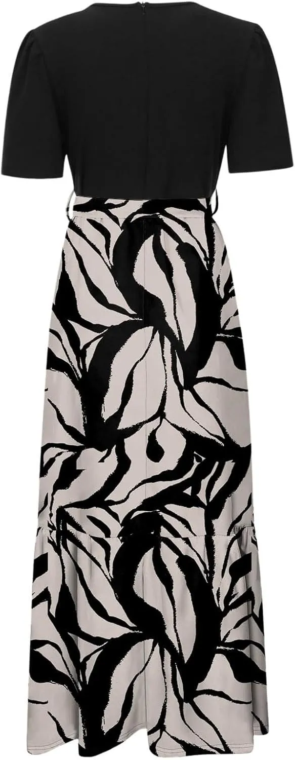Summer Dresses for Women Tie Belted Patchwork Ruffle Hem a Line Boho Maxi Dress Crewneck Short Sleeve Flowy Long Dress