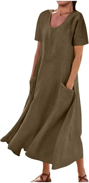 Summer Linen Dresses for Women 2025 Short Sleeve Round Neck Beach Vacation Casual Maxi Dresses Sun Dress with Pockets
