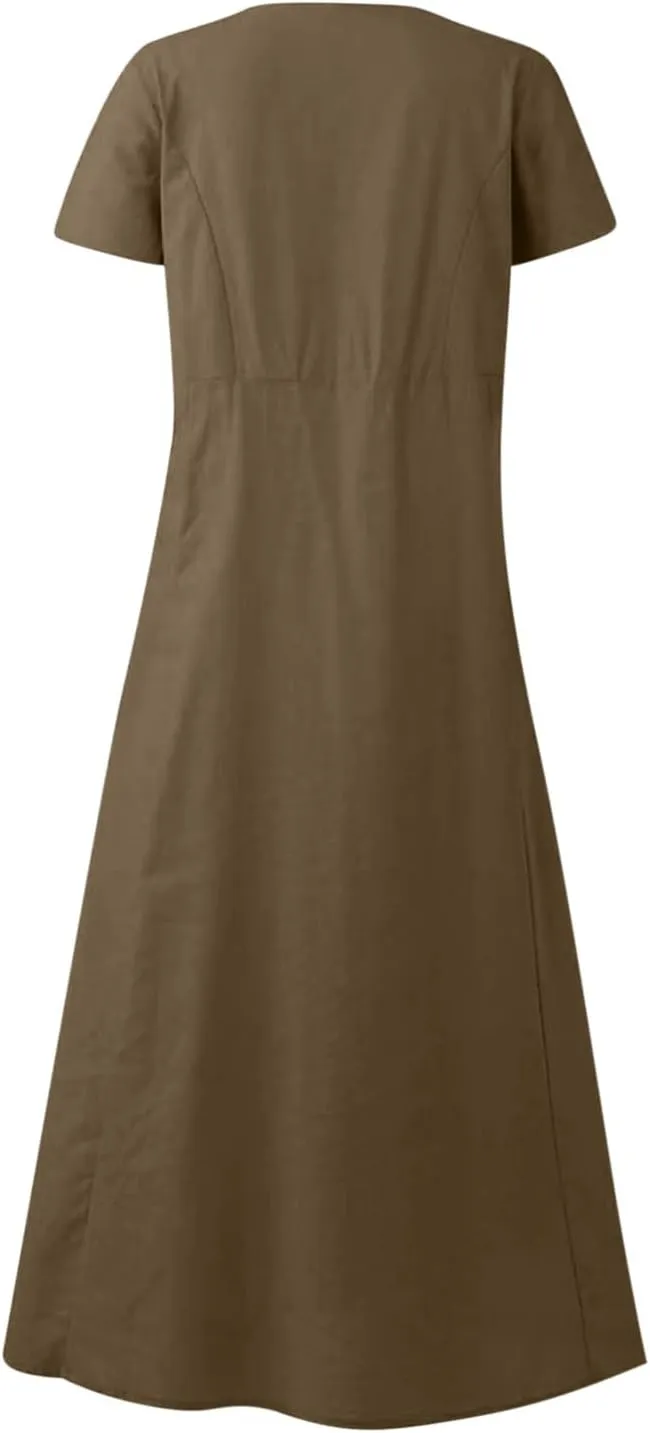Summer Linen Dresses for Women 2025 Short Sleeve Round Neck Beach Vacation Casual Maxi Dresses Sun Dress with Pockets