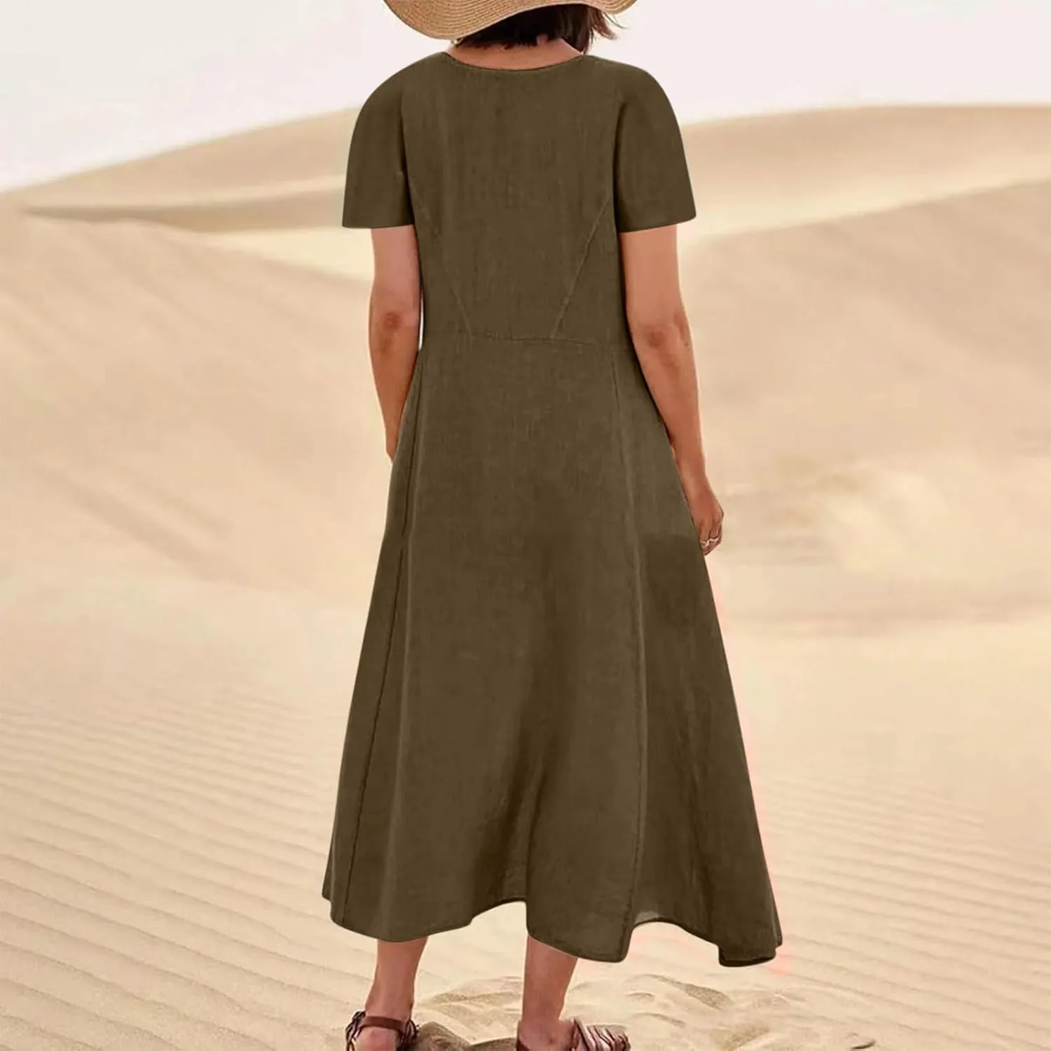 Summer Linen Dresses for Women 2025 Short Sleeve Round Neck Beach Vacation Casual Maxi Dresses Sun Dress with Pockets