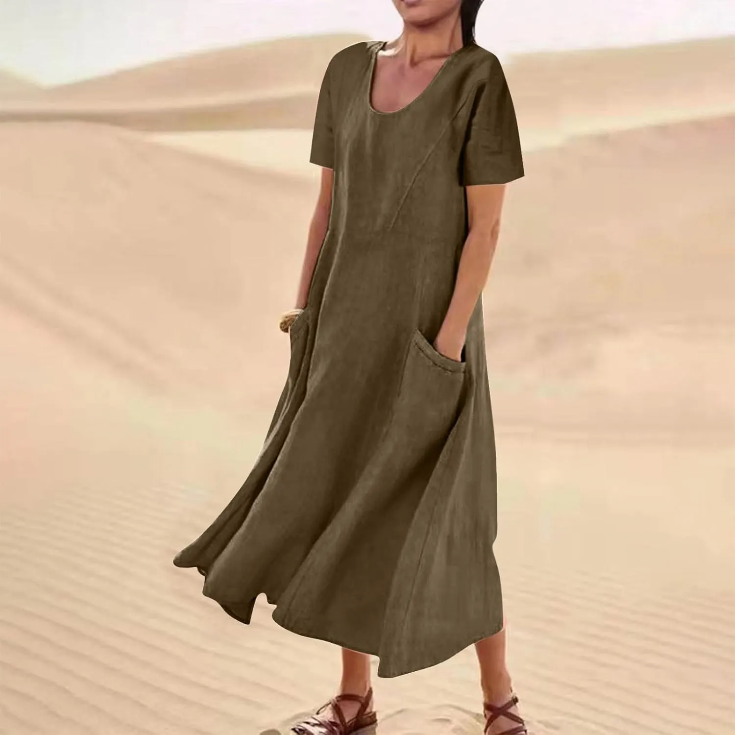 Summer Linen Dresses for Women 2025 Short Sleeve Round Neck Beach Vacation Casual Maxi Dresses Sun Dress with Pockets