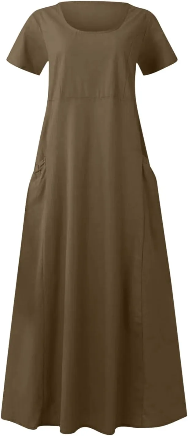 Summer Linen Dresses for Women 2025 Short Sleeve Round Neck Beach Vacation Casual Maxi Dresses Sun Dress with Pockets