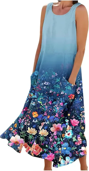 Summer Maxi Dresses for Women 2025 Casual Cotton Linen Floral Dress Spring Plus Size Elegante Beach Dress with Pockets