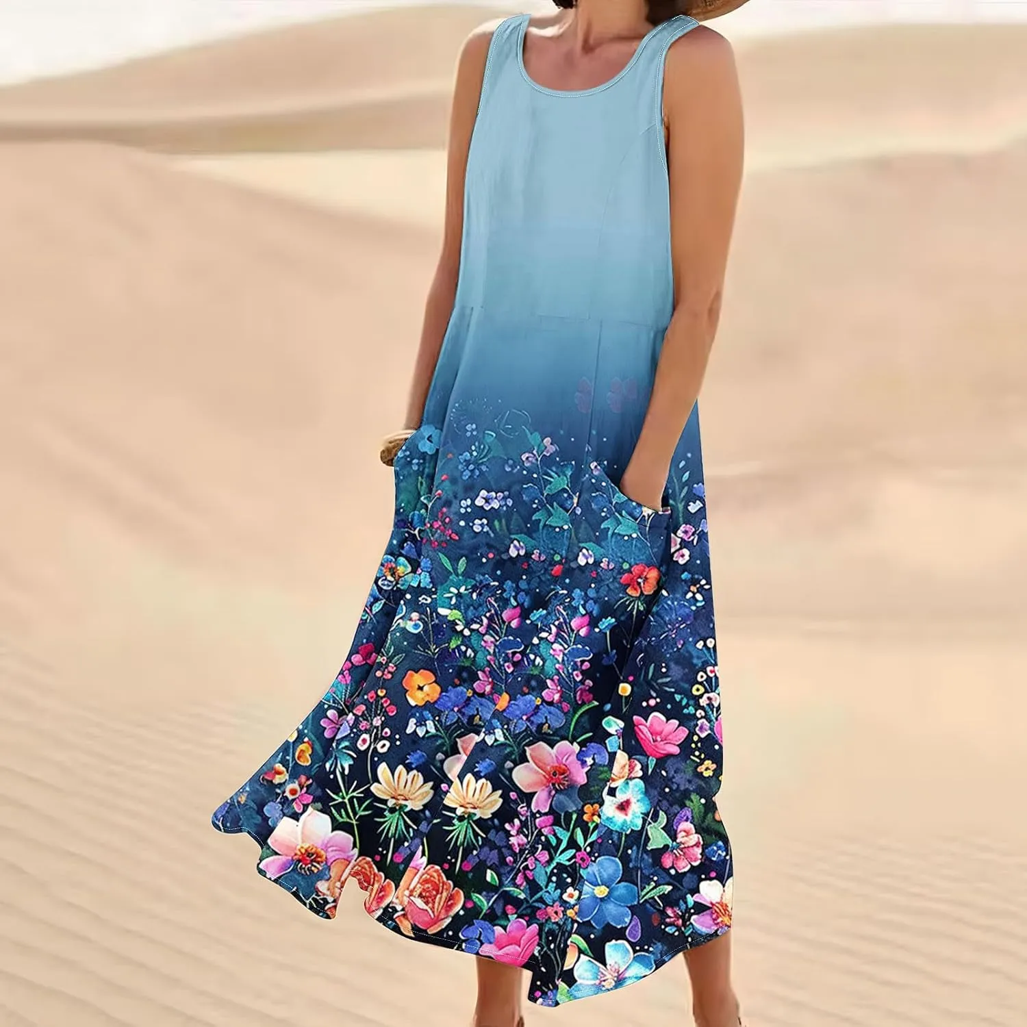 Summer Maxi Dresses for Women 2025 Casual Cotton Linen Floral Dress Spring Plus Size Elegante Beach Dress with Pockets