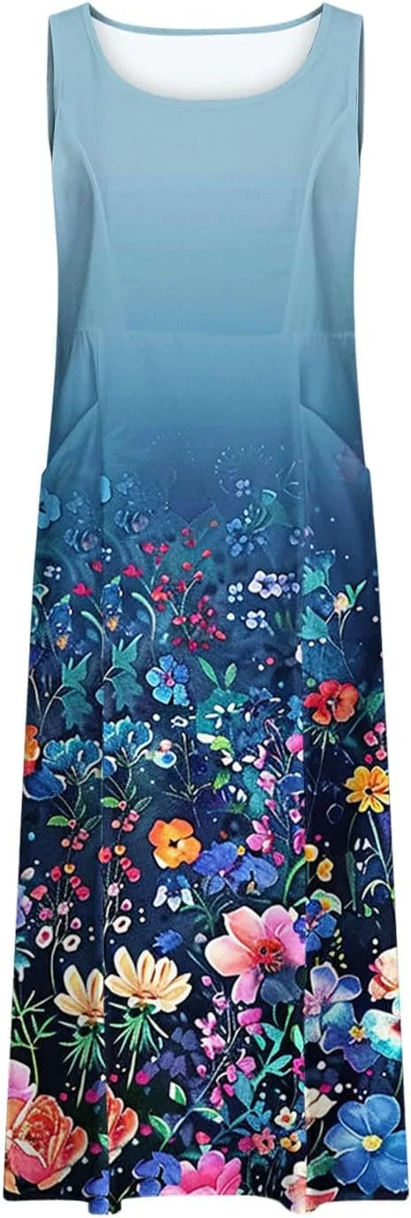 Summer Maxi Dresses for Women 2025 Casual Cotton Linen Floral Dress Spring Plus Size Elegante Beach Dress with Pockets