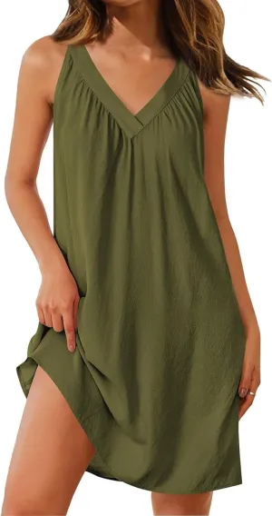 Summer Mini Dresses for Women Sexy V Neck Sleeveless Casual Dress Solid Color Pleated Fashion Vacation Beach Dresses