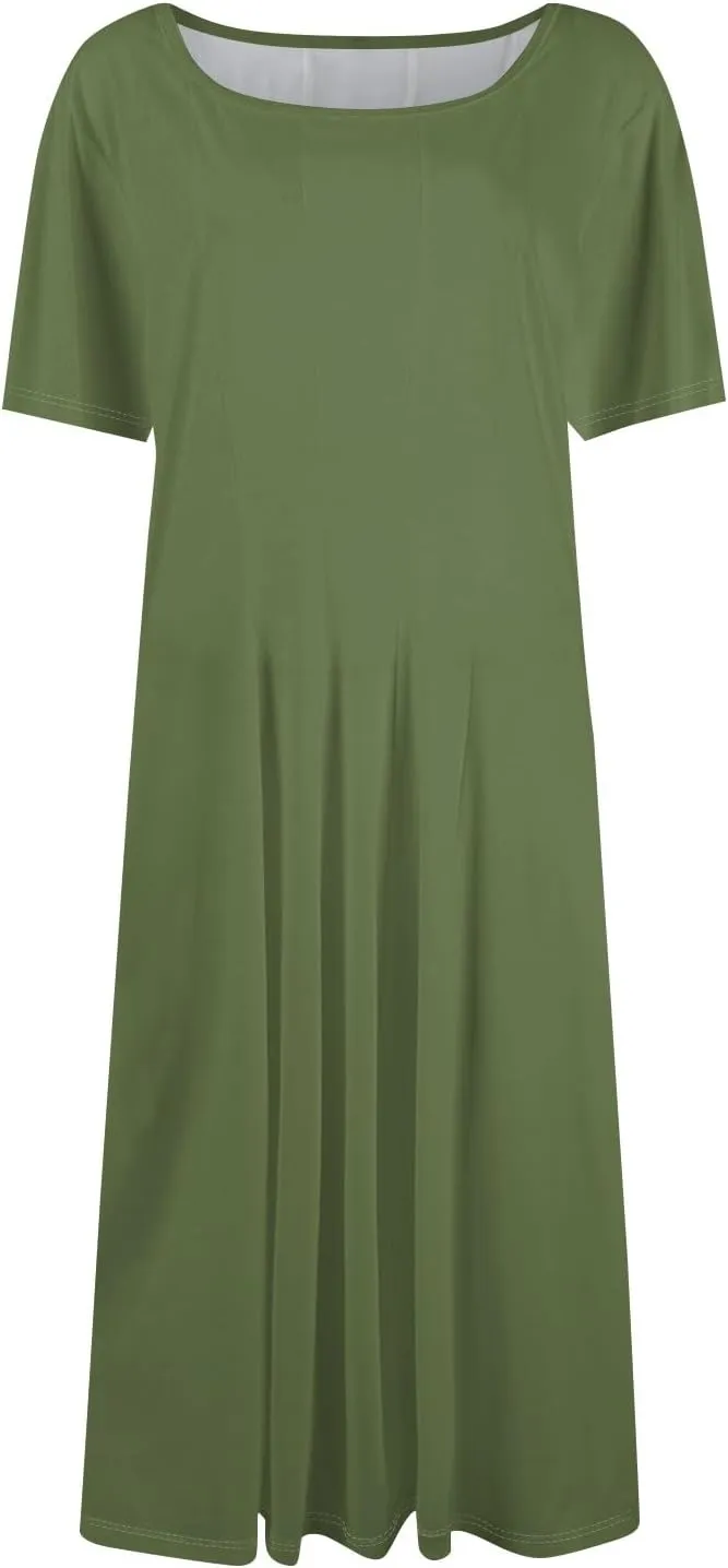 Summer Shirt Dresses for Women 2025 Short Sleeve Tiered Maxi Dresses Crewneck Flowy Beach Sundresses with Pockets