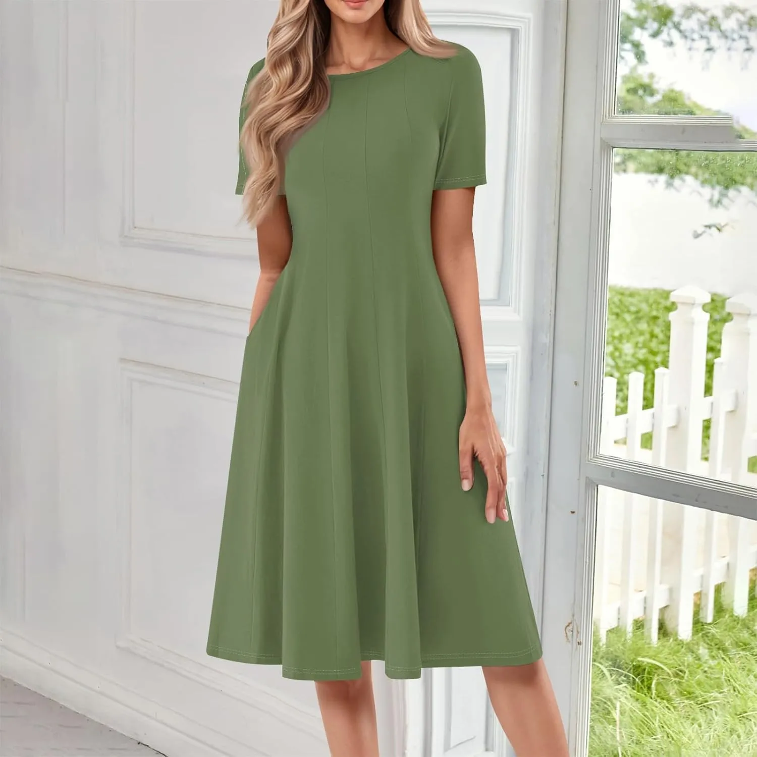 Summer Shirt Dresses for Women 2025 Short Sleeve Tiered Maxi Dresses Crewneck Flowy Beach Sundresses with Pockets