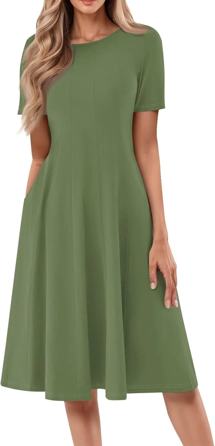 Summer Shirt Dresses for Women 2025 Short Sleeve Tiered Maxi Dresses Crewneck Flowy Beach Sundresses with Pockets