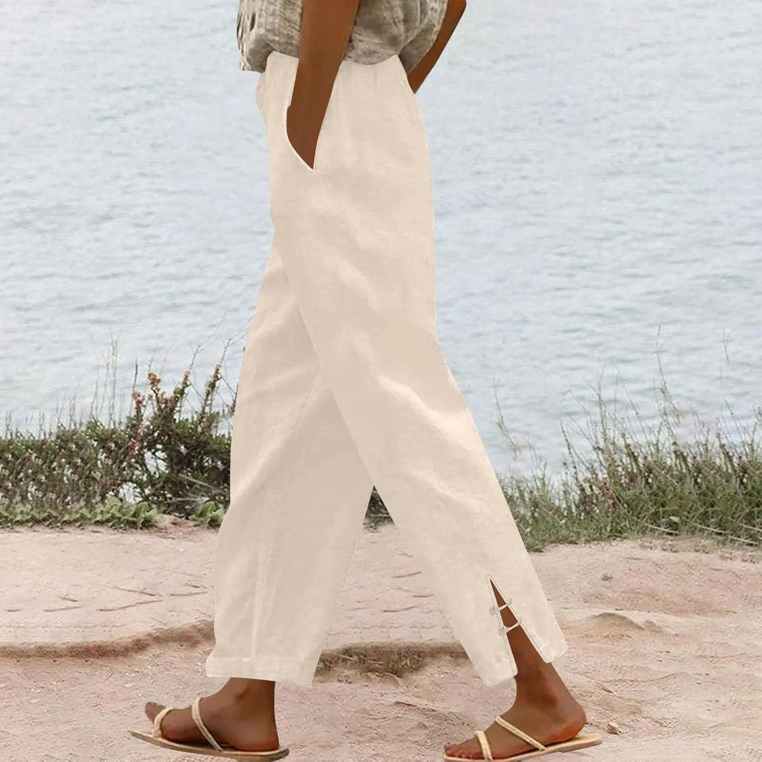 Summer Travel Pants Women Cotton Linen Flowy Wide Leg High Waist Trouser Pants Trendy Drawstring Clothes with Pockets