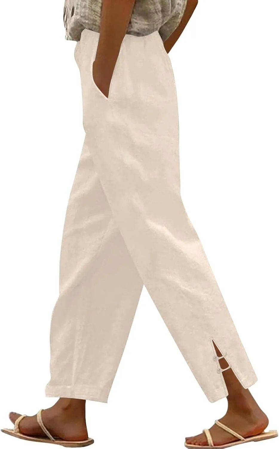 Summer Travel Pants Women Cotton Linen Flowy Wide Leg High Waist Trouser Pants Trendy Drawstring Clothes with Pockets