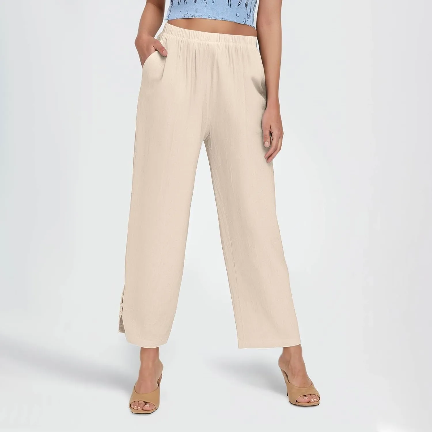 Summer Travel Pants Women Cotton Linen Flowy Wide Leg High Waist Trouser Pants Trendy Drawstring Clothes with Pockets
