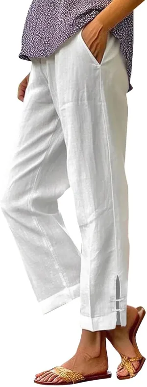 Summer Travel Pants Women Cotton Linen Flowy Wide Leg High Waist Trouser Pants Trendy Drawstring Clothes with Pockets