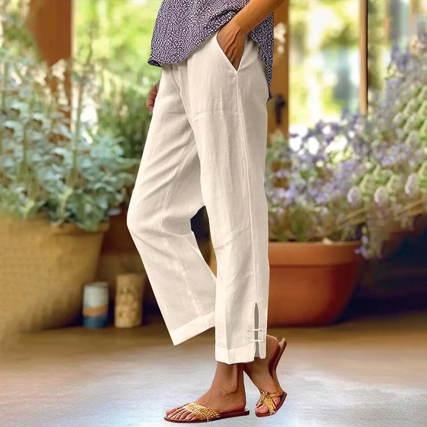 Summer Travel Pants Women Cotton Linen Flowy Wide Leg High Waist Trouser Pants Trendy Drawstring Clothes with Pockets