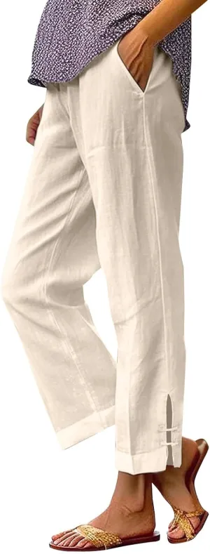 Summer Travel Pants Women Cotton Linen Flowy Wide Leg High Waist Trouser Pants Trendy Drawstring Clothes with Pockets
