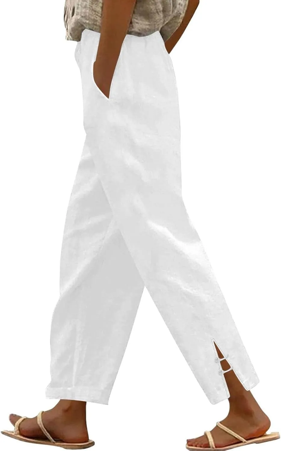 Summer Travel Pants Women Cotton Linen Flowy Wide Leg High Waist Trouser Pants Trendy Drawstring Clothes with Pockets