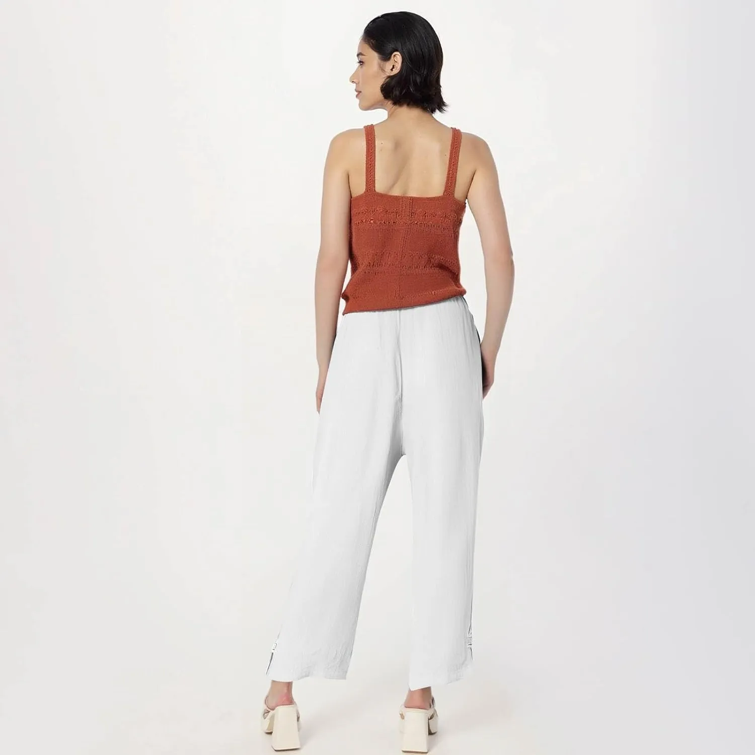 Summer Travel Pants Women Cotton Linen Flowy Wide Leg High Waist Trouser Pants Trendy Drawstring Clothes with Pockets