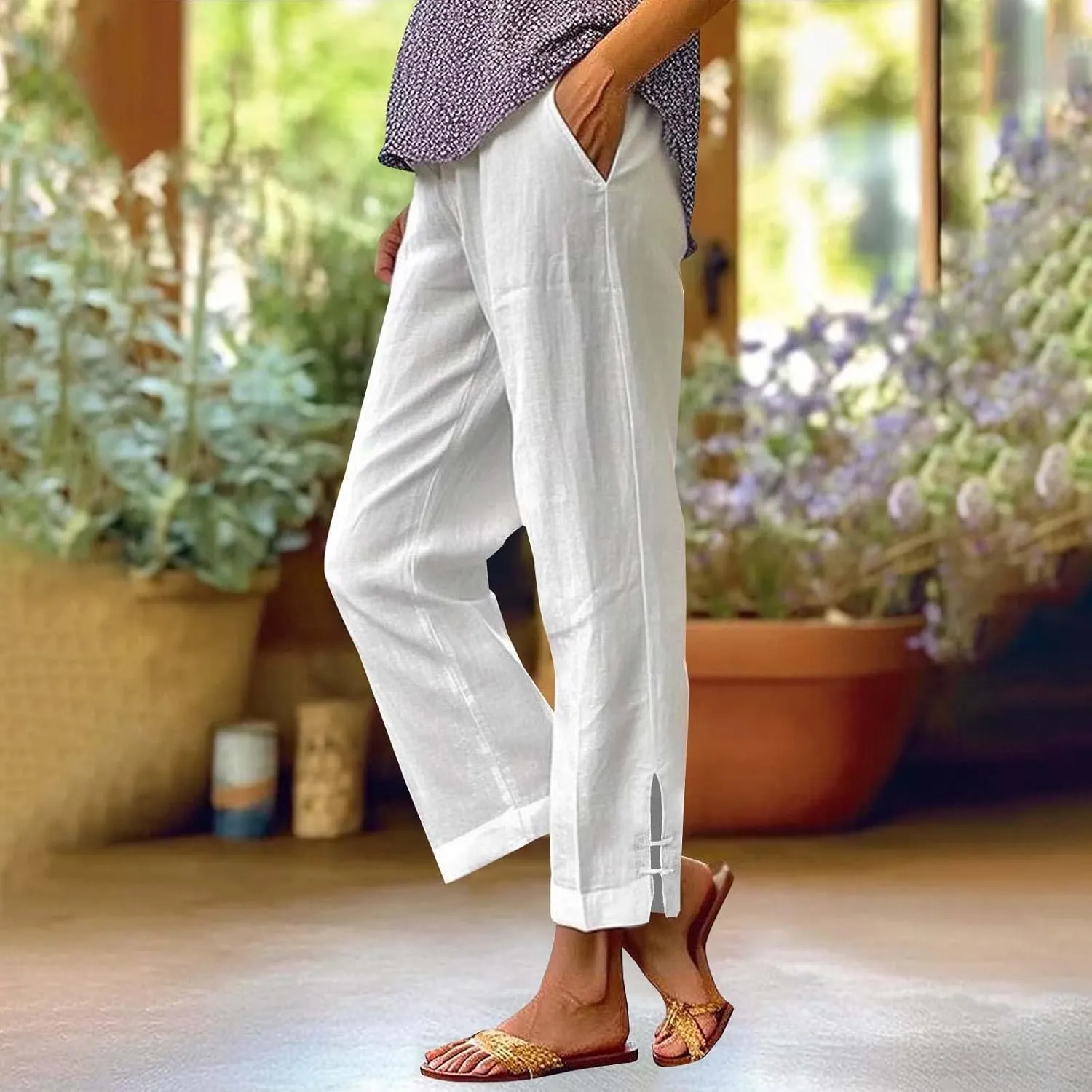 Summer Travel Pants Women Cotton Linen Flowy Wide Leg High Waist Trouser Pants Trendy Drawstring Clothes with Pockets
