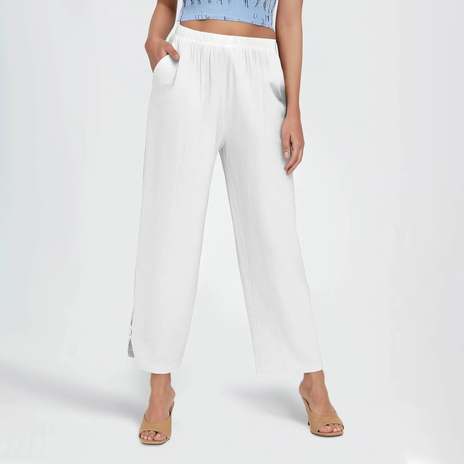 Summer Travel Pants Women Cotton Linen Flowy Wide Leg High Waist Trouser Pants Trendy Drawstring Clothes with Pockets