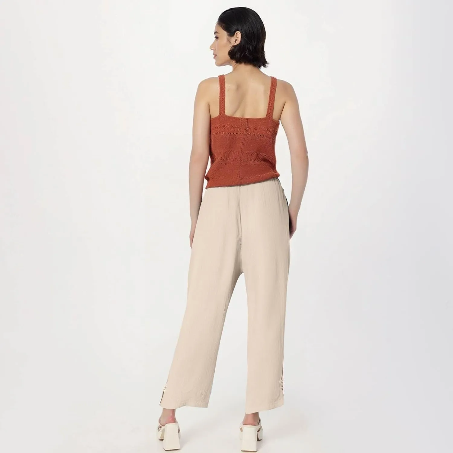 Summer Travel Pants Women Cotton Linen Flowy Wide Leg High Waist Trouser Pants Trendy Drawstring Clothes with Pockets