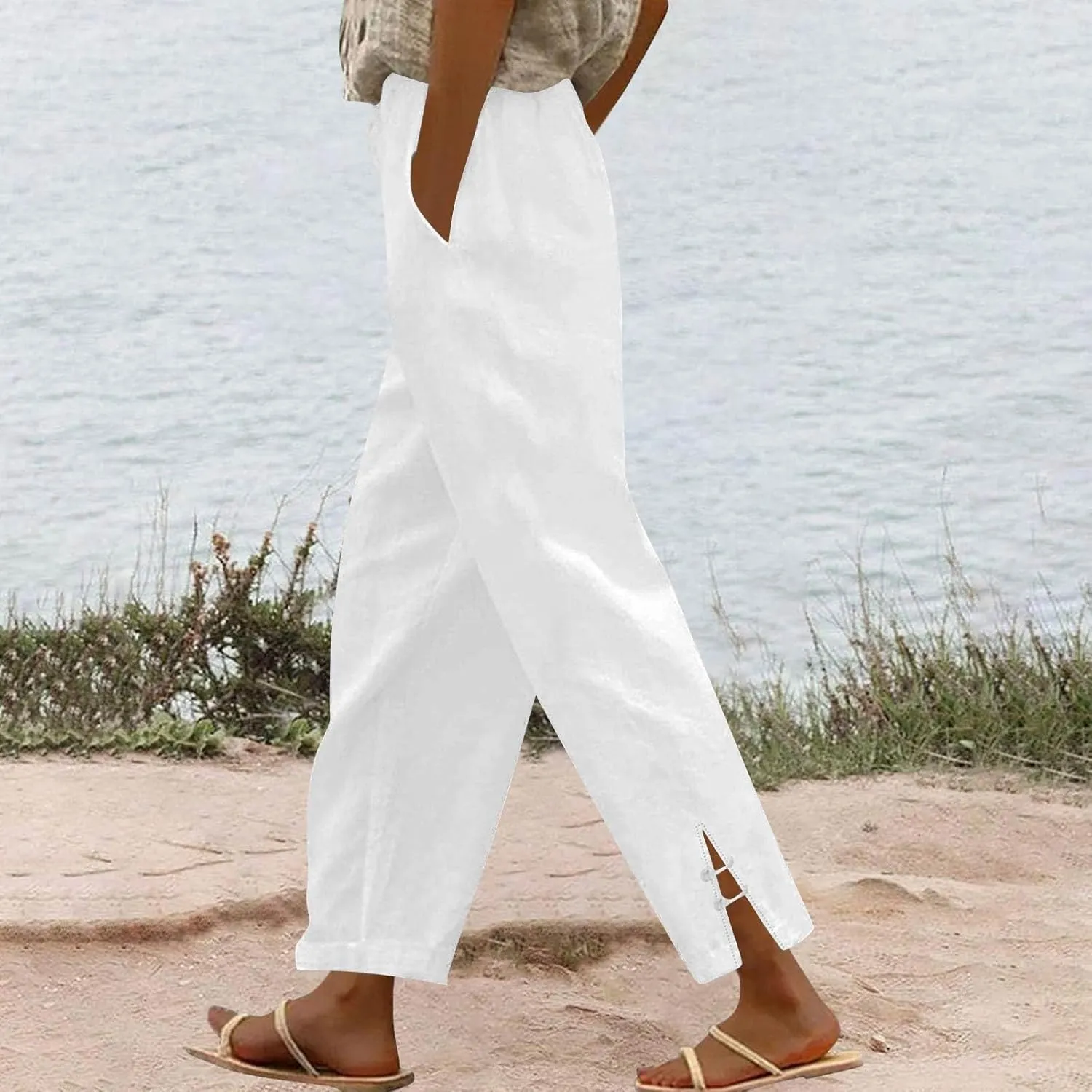 Summer Travel Pants Women Cotton Linen Flowy Wide Leg High Waist Trouser Pants Trendy Drawstring Clothes with Pockets