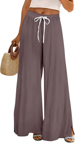 Summer Wide Leg Pants for Women High Waistd Flowy Pants Side Split Drawstring Elastic Waist Solid with Pockets Outfits