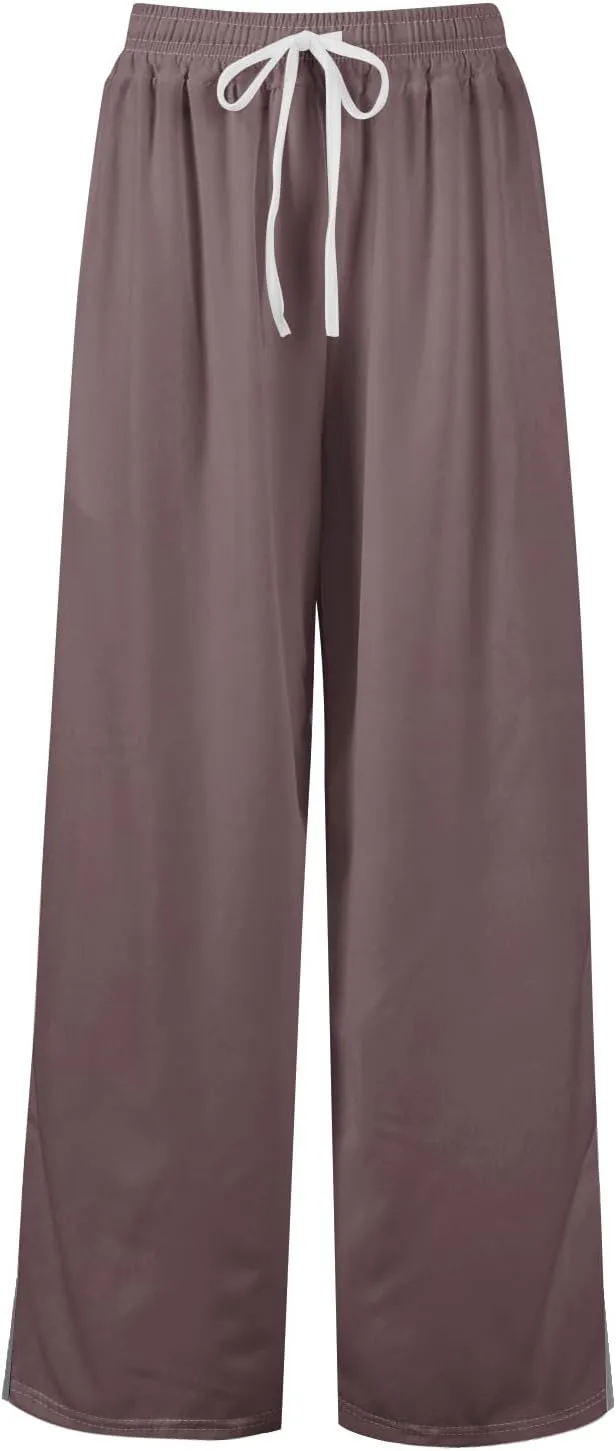 Summer Wide Leg Pants for Women High Waistd Flowy Pants Side Split Drawstring Elastic Waist Solid with Pockets Outfits
