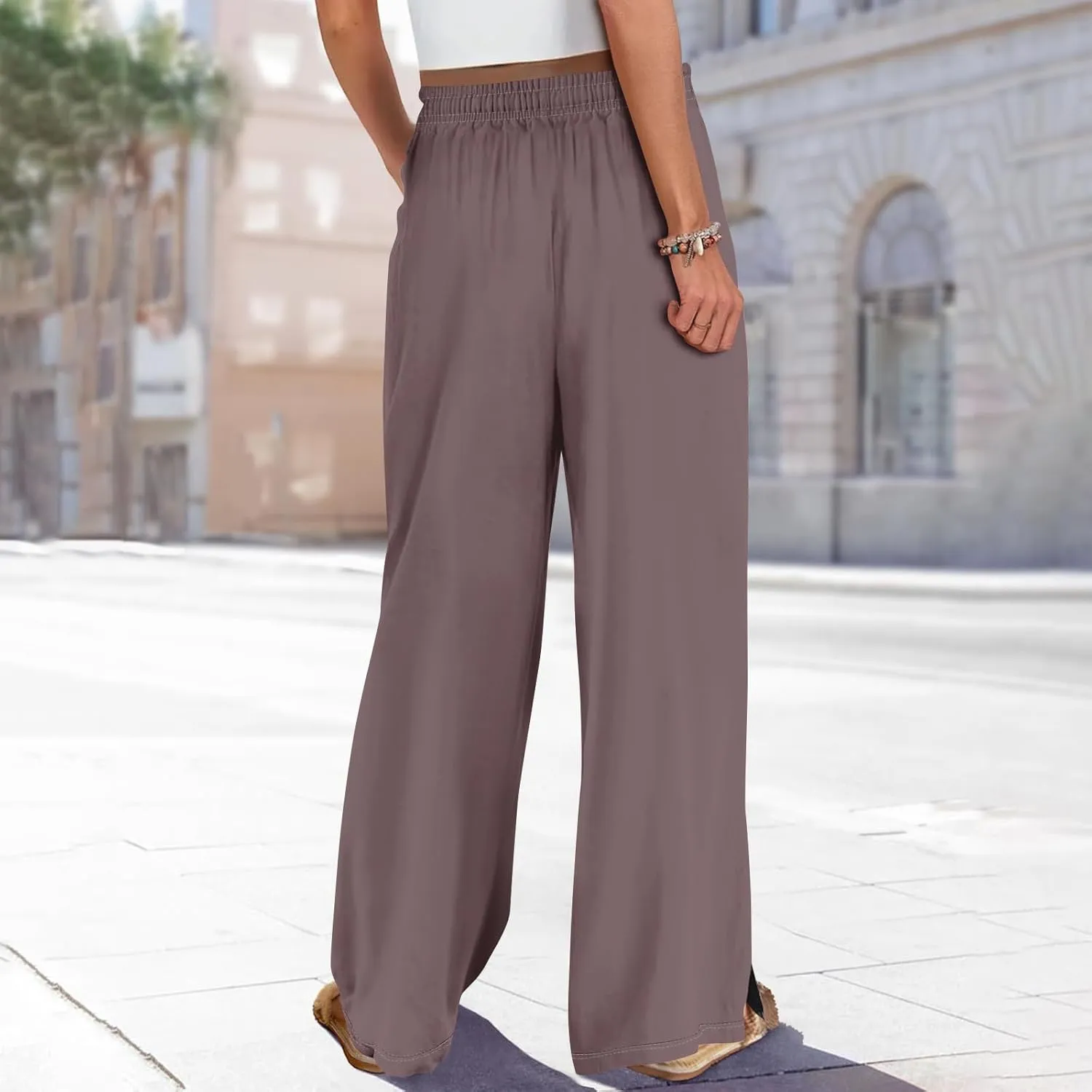 Summer Wide Leg Pants for Women High Waistd Flowy Pants Side Split Drawstring Elastic Waist Solid with Pockets Outfits