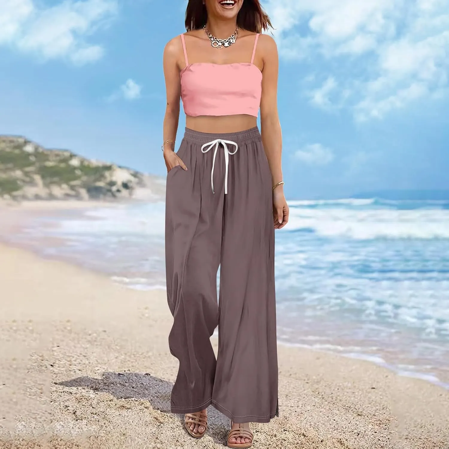 Summer Wide Leg Pants for Women High Waistd Flowy Pants Side Split Drawstring Elastic Waist Solid with Pockets Outfits