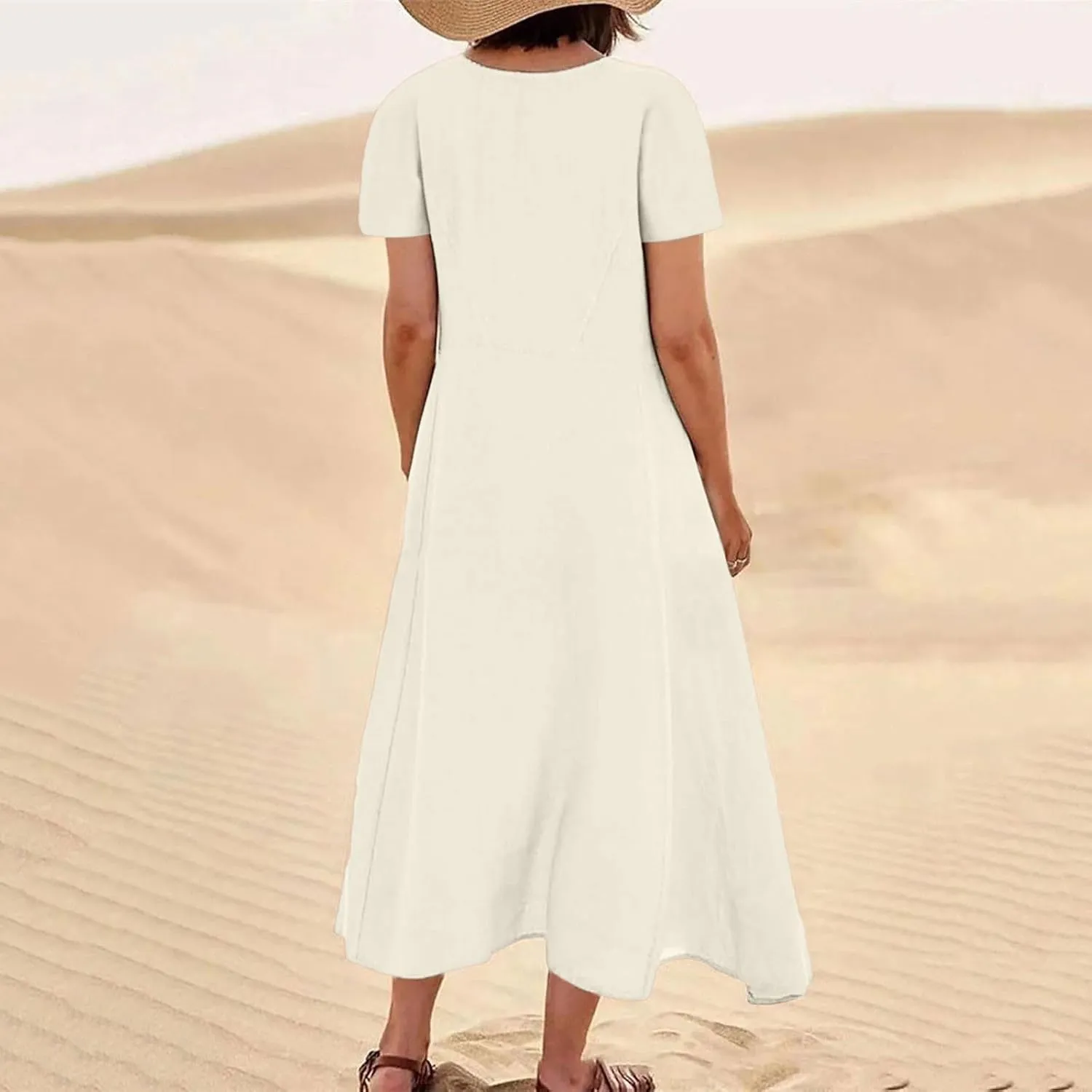 Sundress with Pockets Casual Spring Summer Dresses for Women 2025 Cotton Linen Short Sleeve Midi Dress Flowy Dresses