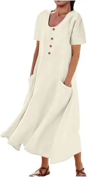 Sundress with Pockets Casual Spring Summer Dresses for Women 2025 Cotton Linen Short Sleeve Midi Dress Flowy Dresses