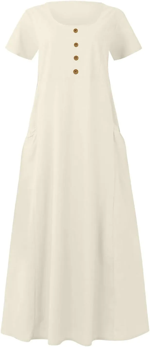 Sundress with Pockets Casual Spring Summer Dresses for Women 2025 Cotton Linen Short Sleeve Midi Dress Flowy Dresses