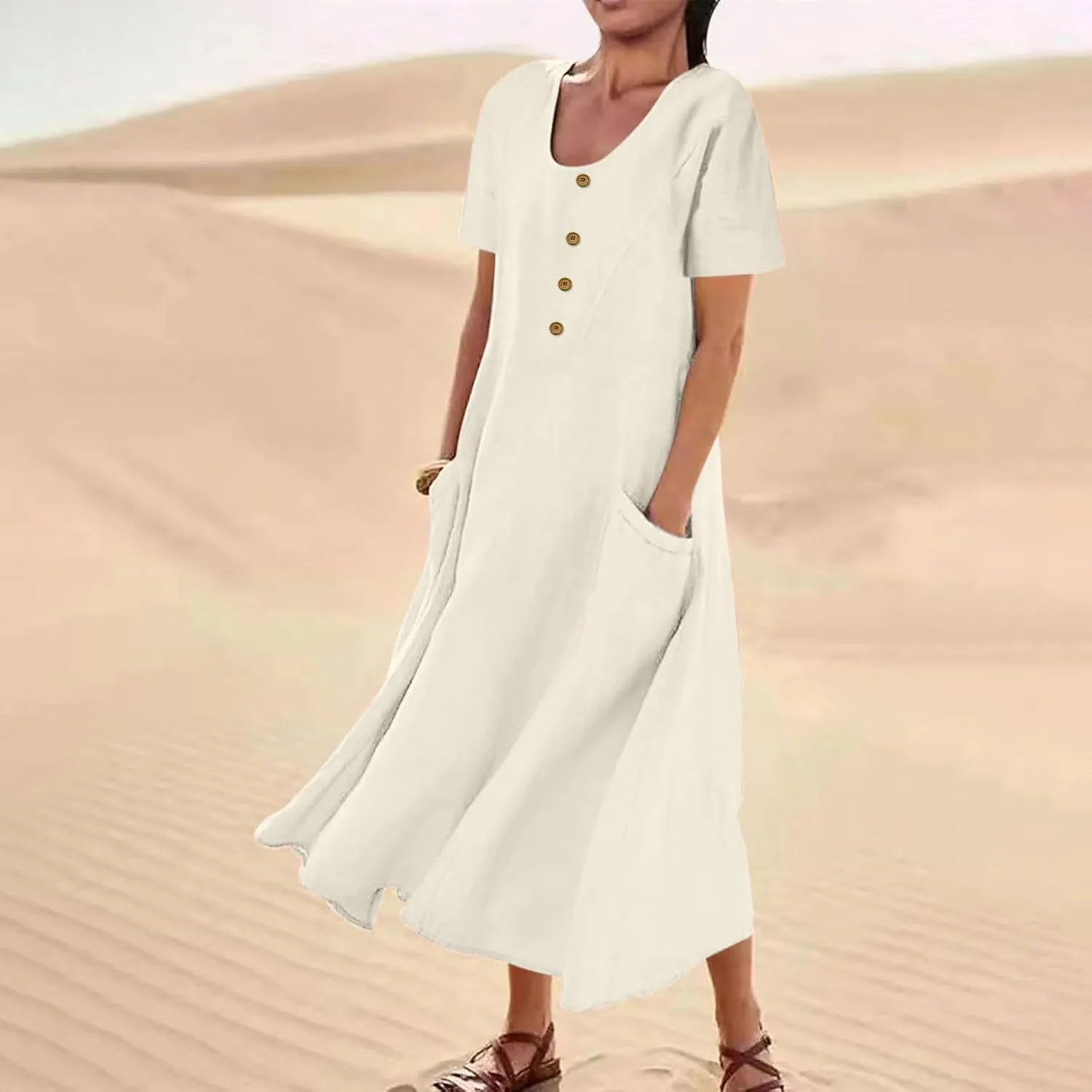 Sundress with Pockets Casual Spring Summer Dresses for Women 2025 Cotton Linen Short Sleeve Midi Dress Flowy Dresses