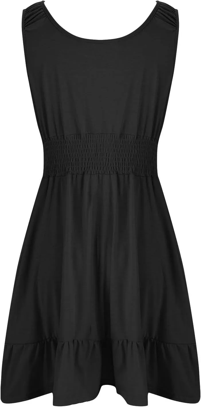 Sundresses for Women 2025 Casual Loose Vacation Dresses Sleeveless Print Dresses Elastic Waist Mini Sundress
