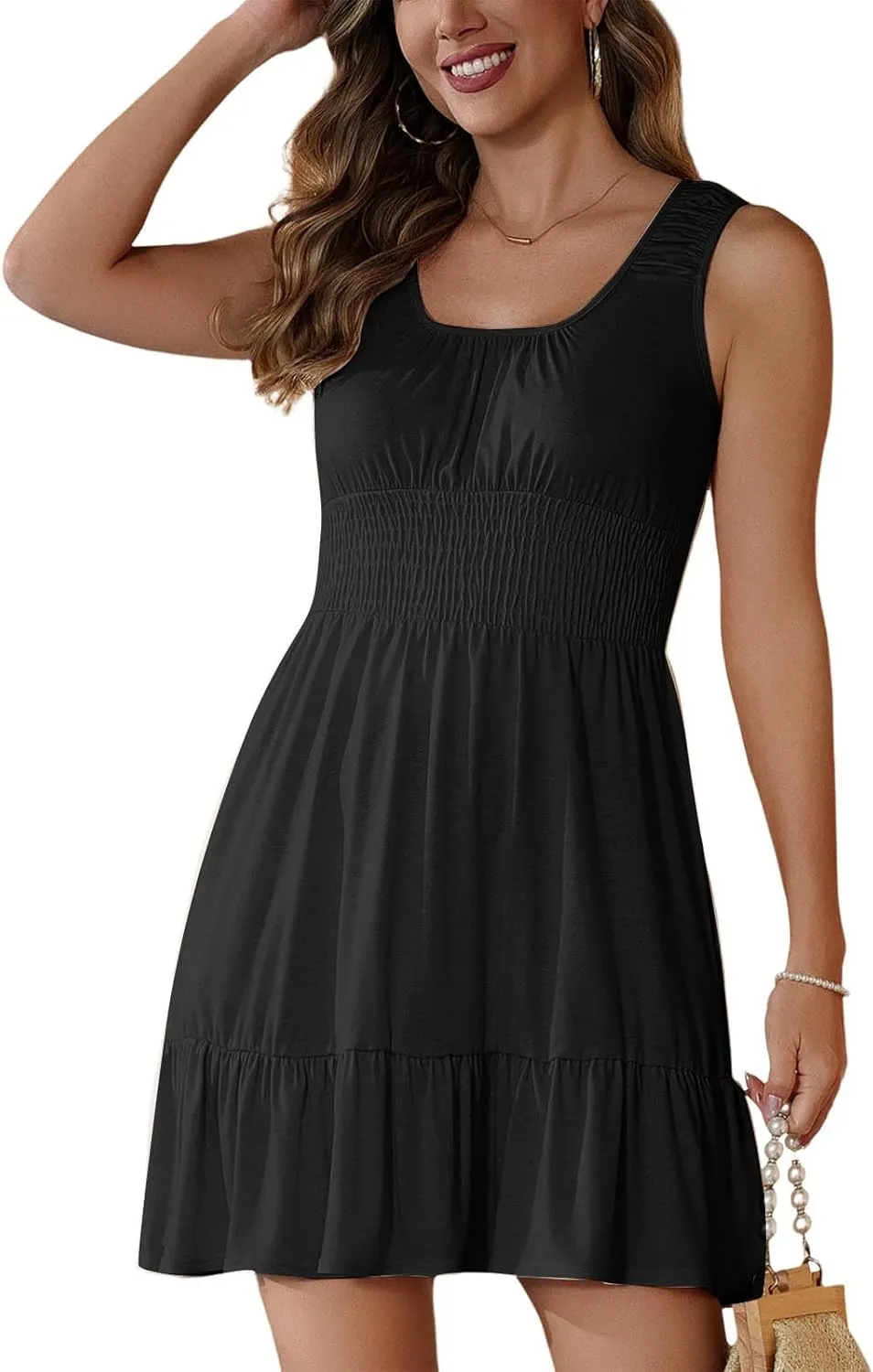 Sundresses for Women 2025 Casual Loose Vacation Dresses Sleeveless Print Dresses Elastic Waist Mini Sundress