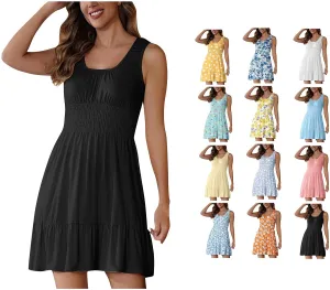 Sundresses for Women 2025 Casual Loose Vacation Dresses Sleeveless Print Dresses Elastic Waist Mini Sundress