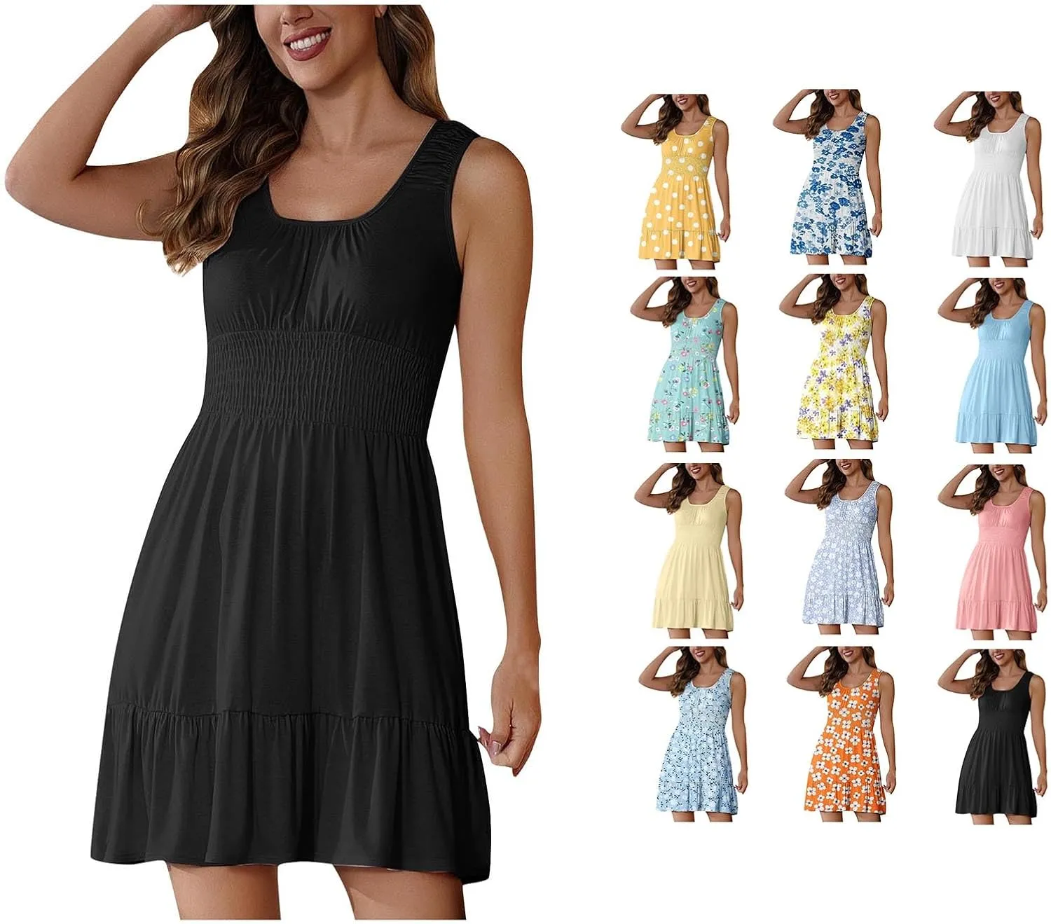 Sundresses for Women 2025 Casual Loose Vacation Dresses Sleeveless Print Dresses Elastic Waist Mini Sundress