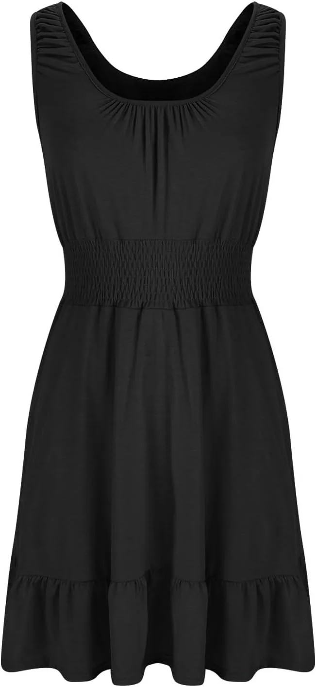 Sundresses for Women 2025 Casual Loose Vacation Dresses Sleeveless Print Dresses Elastic Waist Mini Sundress