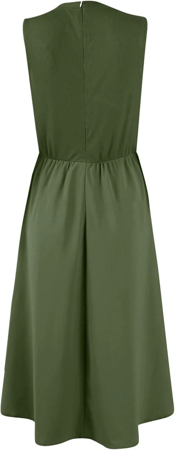 Sundresses for Women Tank Dress Summer Midi Dress Empire Waist Wrap Dresses Sleeveless Work Ruched Dresses with Pocket