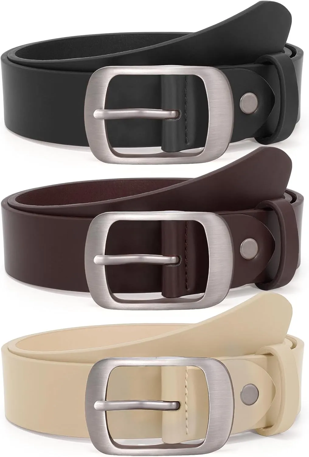 SUOSDEY 3 Pack Fashion Womens Leather Belts, Soft Leather Waist Belt with Pin Buckle for Jeans Pants,width 1.3"