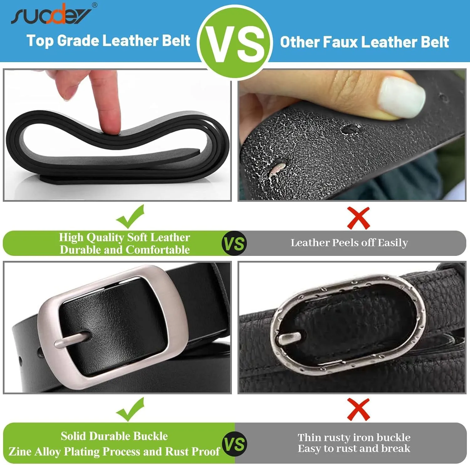 SUOSDEY 3 Pack Fashion Womens Leather Belts, Soft Leather Waist Belt with Pin Buckle for Jeans Pants,width 1.3"
