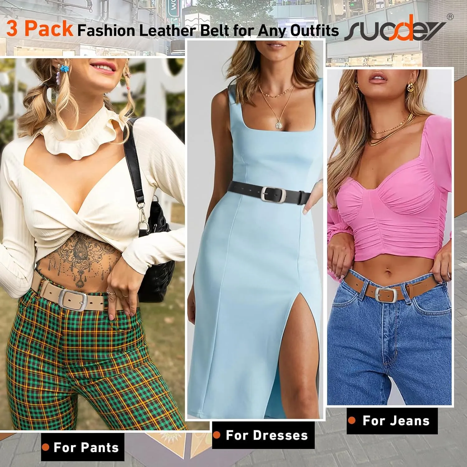 SUOSDEY 3 Pack Fashion Womens Leather Belts, Soft Leather Waist Belt with Pin Buckle for Jeans Pants,width 1.3"