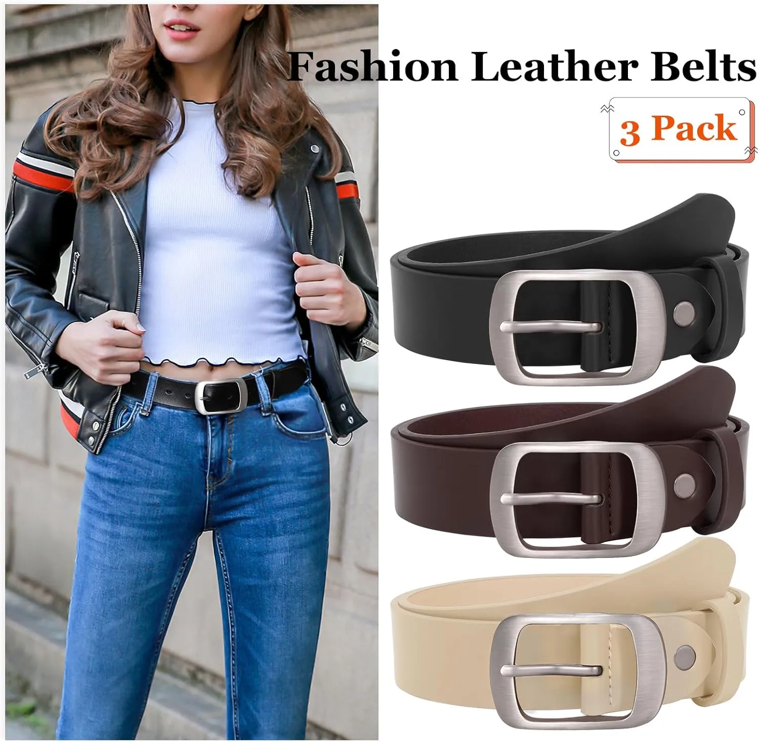 SUOSDEY 3 Pack Fashion Womens Leather Belts, Soft Leather Waist Belt with Pin Buckle for Jeans Pants,width 1.3"