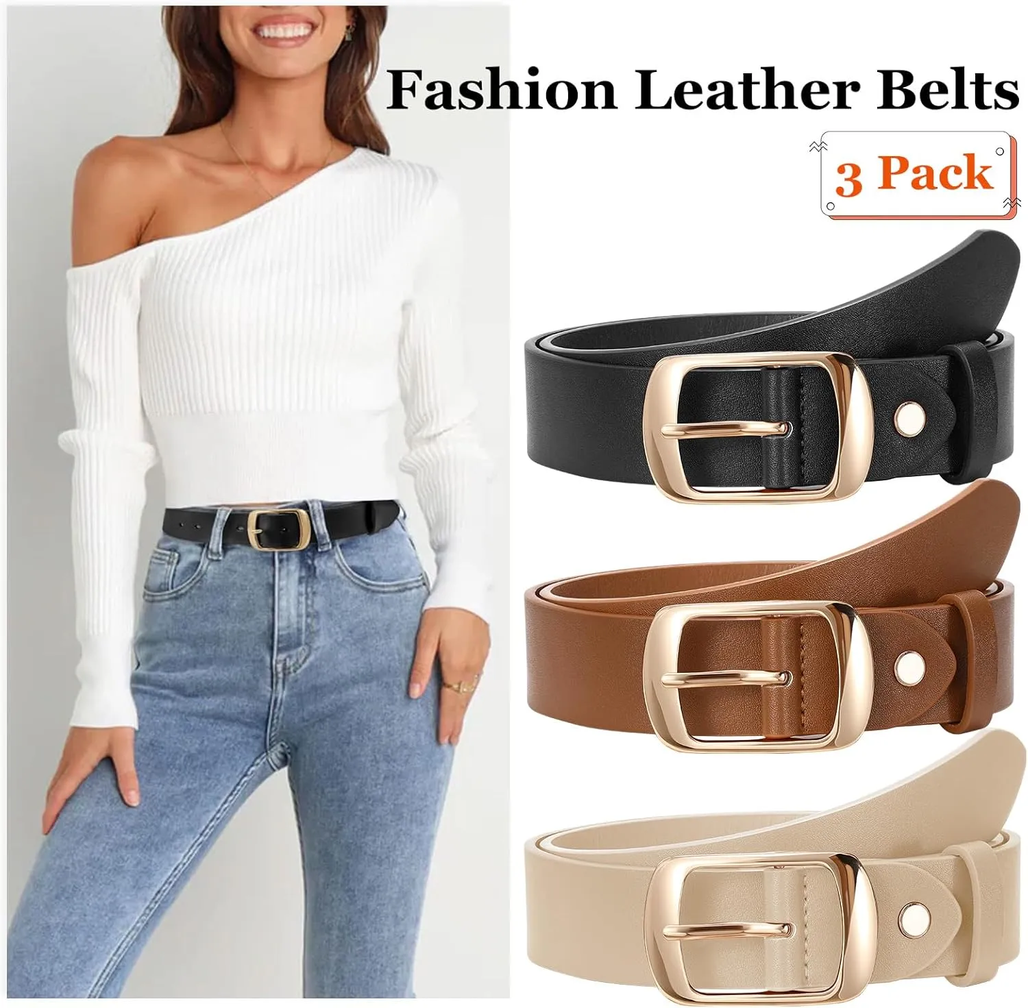 SUOSDEY 3 Pack Fashion Womens Leather Belts, Soft Leather Waist Belt with Pin Buckle for Jeans Pants,width 1.3"
