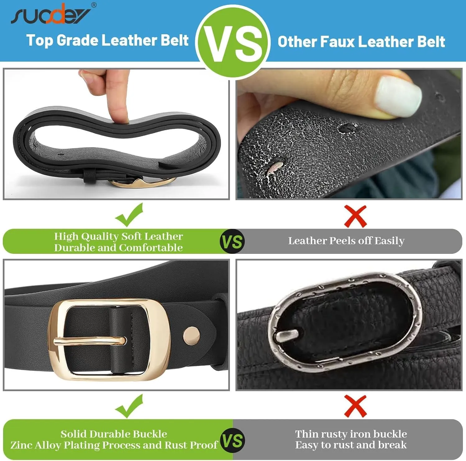 SUOSDEY 3 Pack Fashion Womens Leather Belts, Soft Leather Waist Belt with Pin Buckle for Jeans Pants,width 1.3"