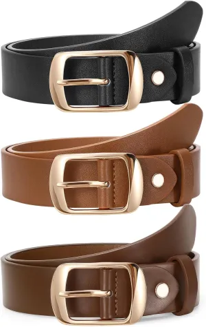 SUOSDEY 3 Pack Fashion Womens Leather Belts, Soft Leather Waist Belt with Pin Buckle for Jeans Pants,width 1.3"