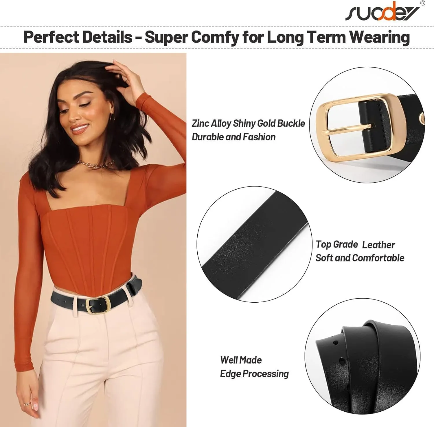SUOSDEY 3 Pack Fashion Womens Leather Belts, Soft Leather Waist Belt with Pin Buckle for Jeans Pants,width 1.3"