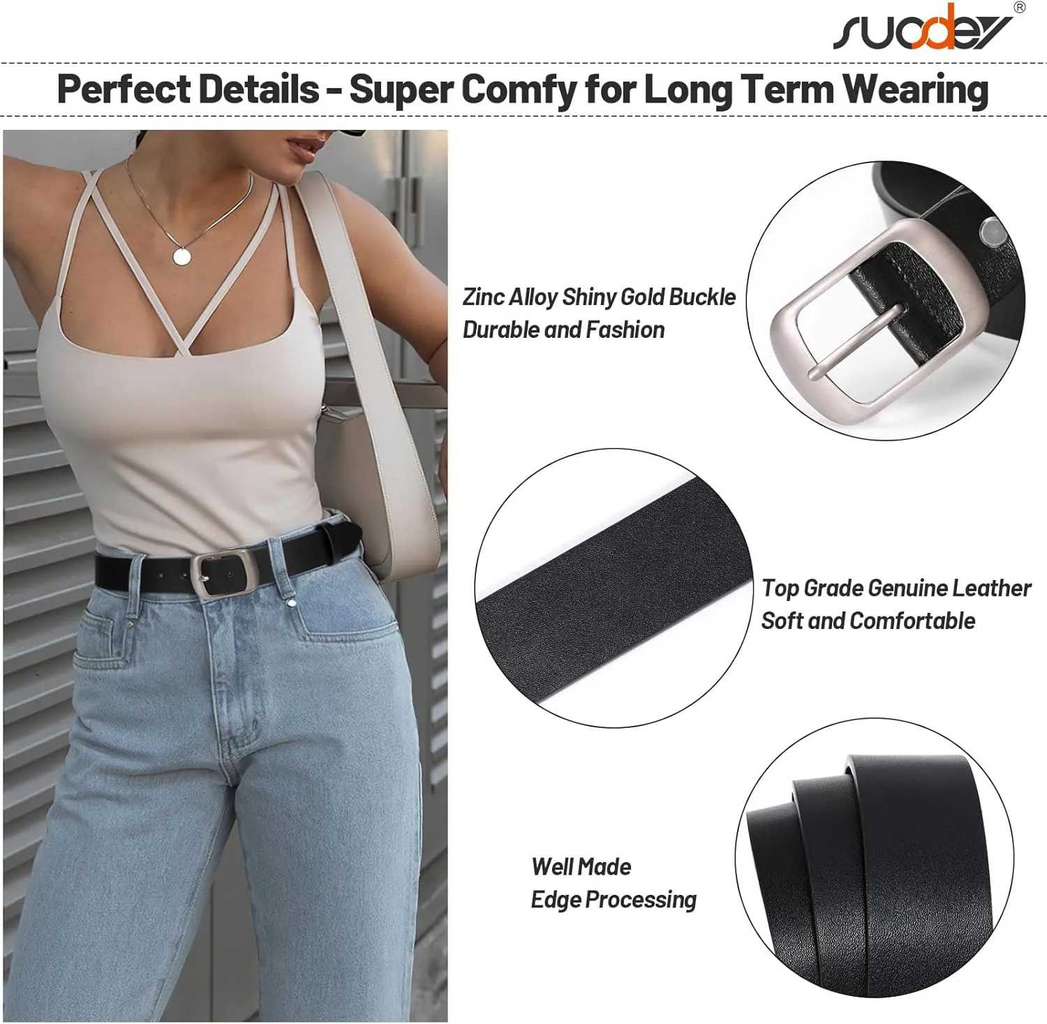 SUOSDEY 3 Pack Fashion Womens Leather Belts, Soft Leather Waist Belt with Pin Buckle for Jeans Pants,width 1.3"